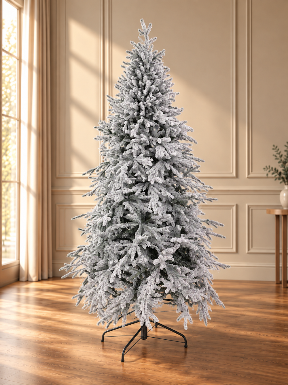 Choinka sztuczna Alpejska PE 220 cm — ośnieżone drzewko w eleganckim wnętrzu